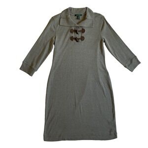 Ralph Lauren Lauren 3/4 Sleeve Polo Dress, Horn Tooth Buttoned,Sage Green, Large